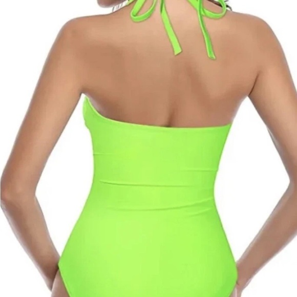 Vibrant Green One Piece Swimsuit with Halter Neck and Ruched Texture - Picture 2 of 4